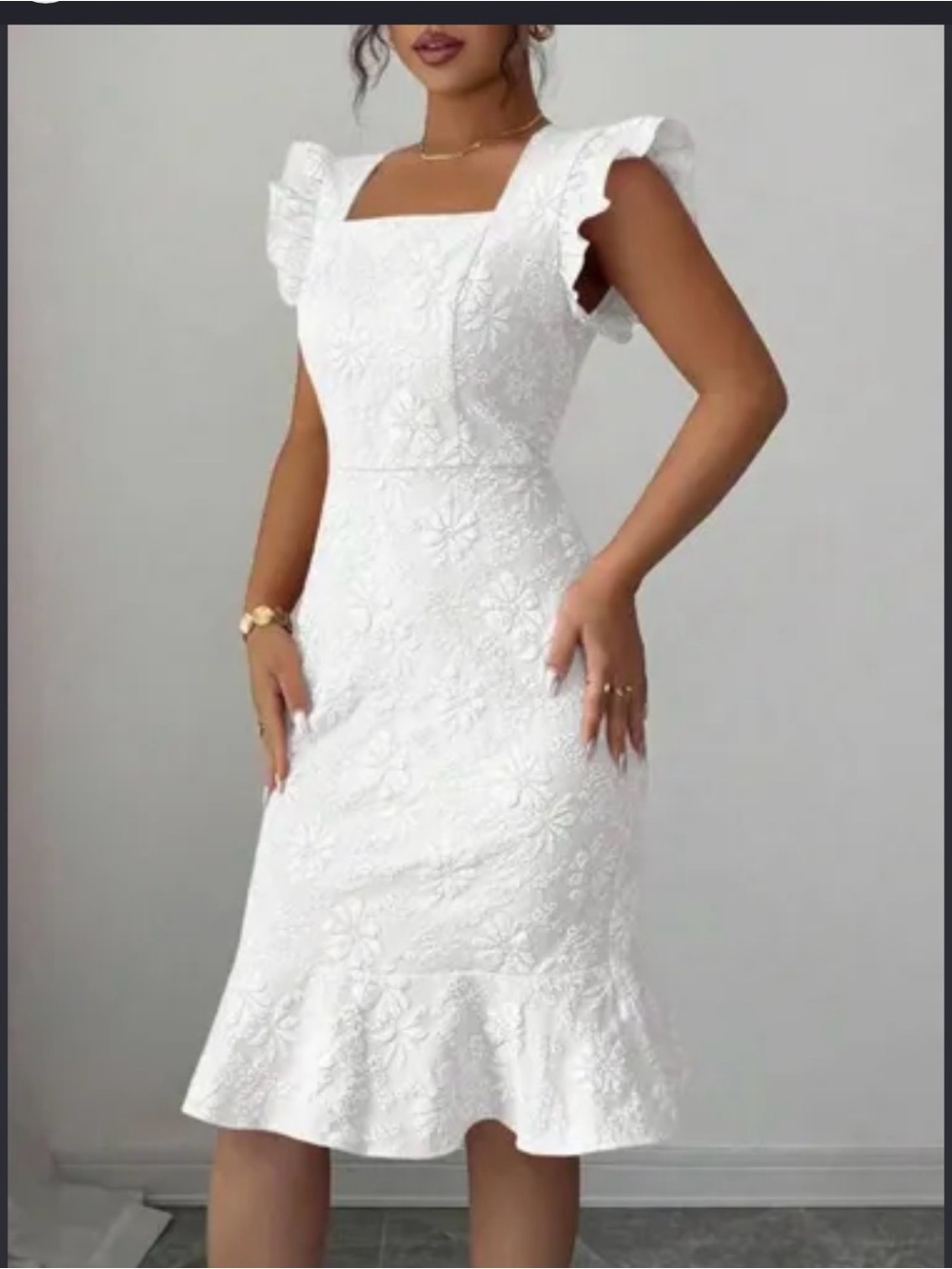 Elegant White Floral Lace Square-Neck Dress